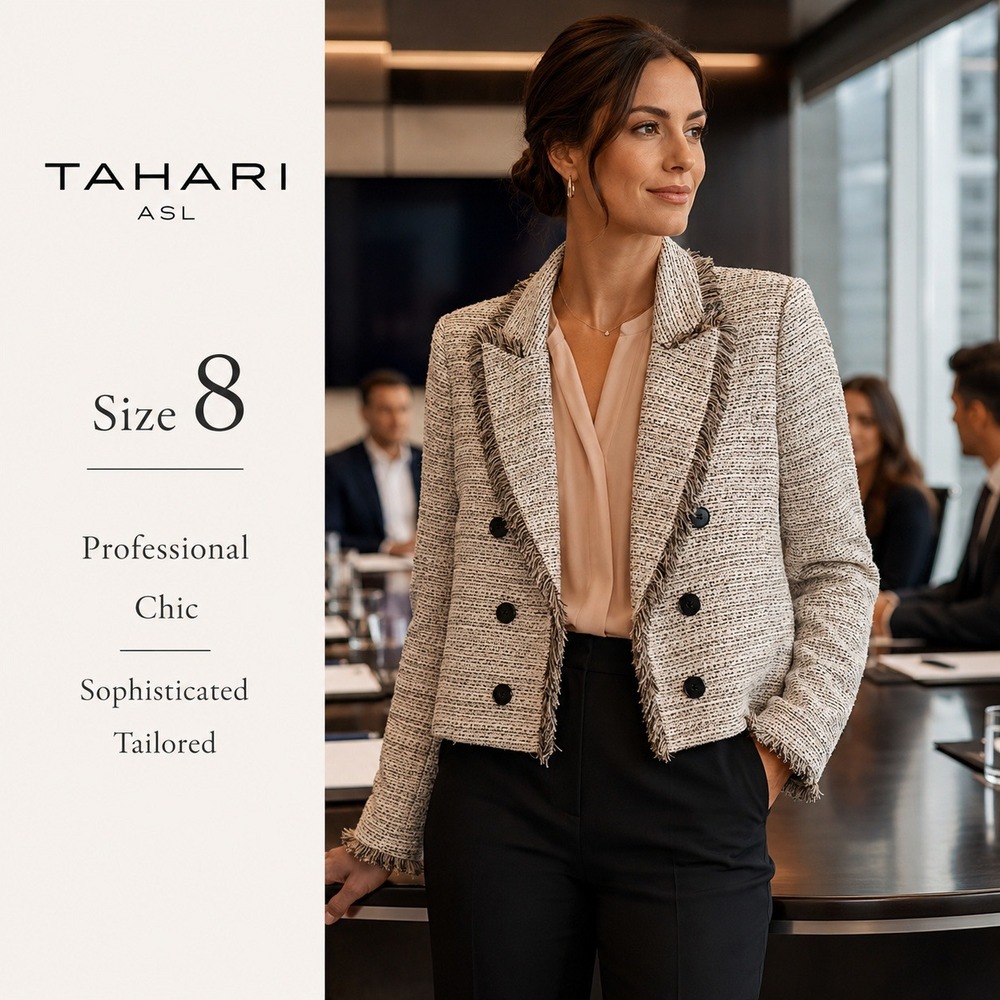 Tahari ASL Blazer Women 8 Cream Black Tweed Cropped Fringe Chic Professional EUC